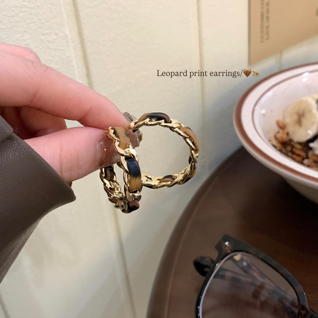 Korean style small style retro leopard print chain earrings women's high-end hoop earrings personalized hot girl earrings earrings
