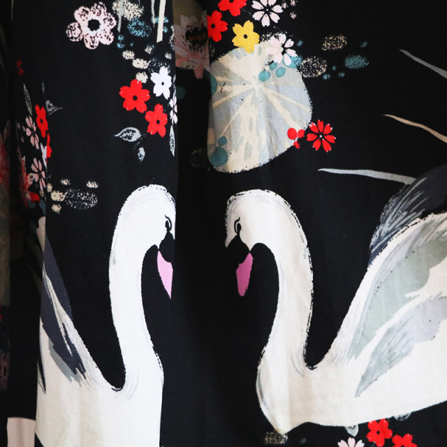 New Chinese style retro print mid-length pleated skirt with A-line puffy over knee high waist umbrella skirt for all seasons