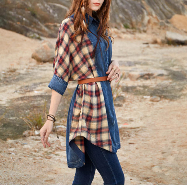 Denim shirt for women thin retro plaid splicing 2025 new spring five-quarter sleeve top layered loose shirt