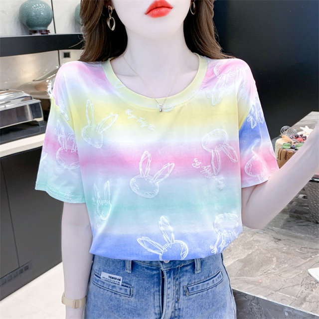 Cotton Rainbow striped stamps Short -sleeved T -shirt Female 2024 Summer New Loose White Family Round -neck clothes