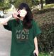 100% pure cotton green short-sleeved T-shirt for women 2025 new summer loose design niche front shoulder half-sleeved top
