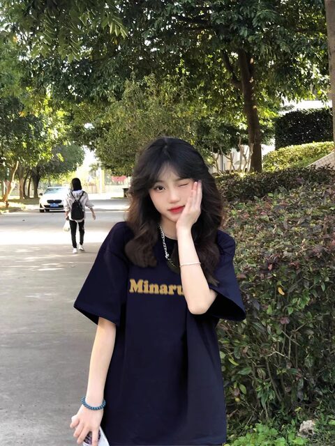 Pure cotton hidden blue letters short-sleeved T-shirt for women 2025 new summer loose design niche trendy top