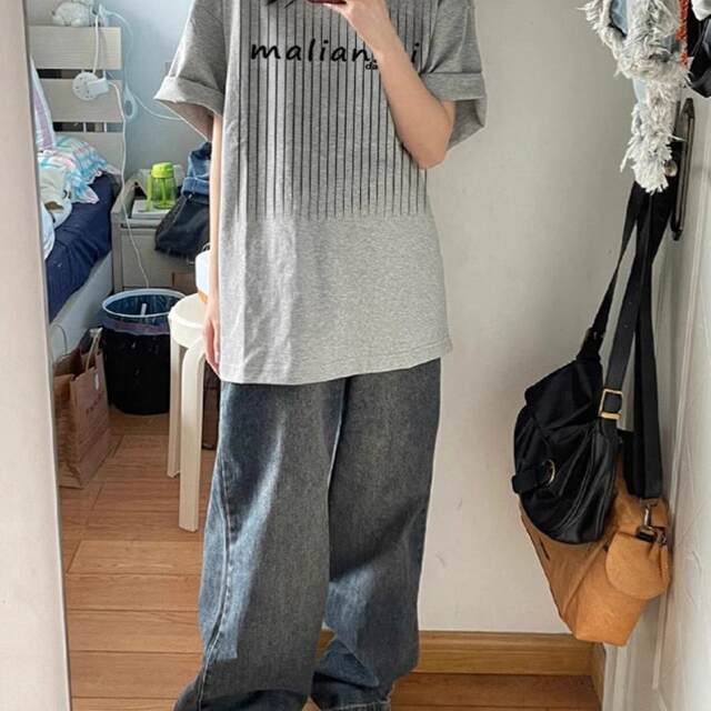 100% pure cotton gray short-sleeved T-shirt for women in summer loose design niche American trendy brand half-sleeved T-shirt top