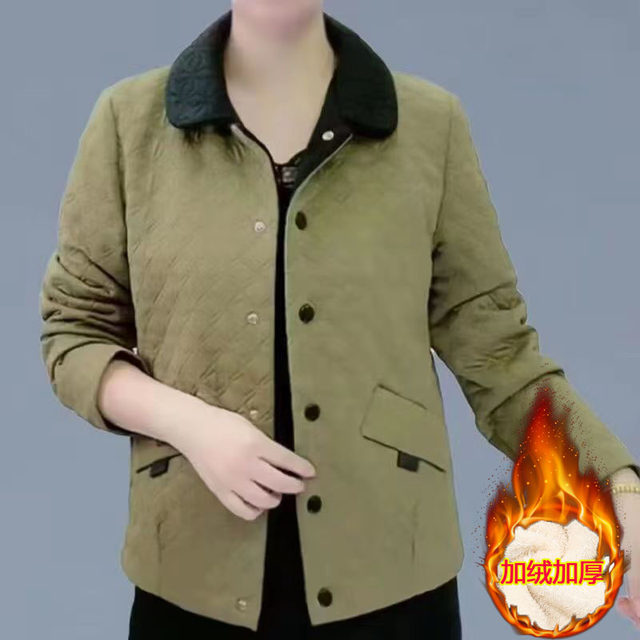 Middle-aged and elderly women's autumn and winter new style plus velvet and thickened lapel jackets, stylish large size mother's clothing, warm tops for women