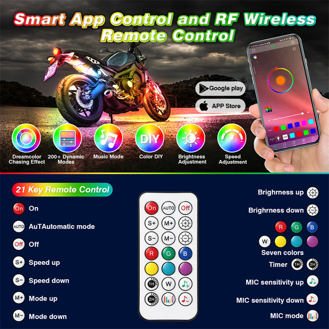 Motorcycle LED magic light modified atmosphere light waterproof multi-color belt remote control brake steering Bluetooth suitable for Harley