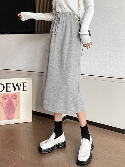 Straight skirt black grey ol pure cotton autumn commuting pocket knitted solid color a-shaped high waist a-line skirt half-body long skirt