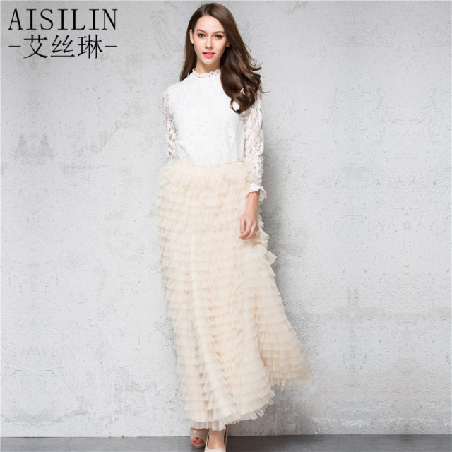 2025 mesh slim Hong Kong flavor large size tulle skirt puffy skirt women's irregular a half-body long skirt high waist