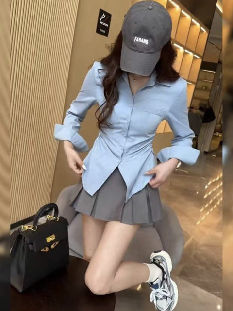 Design Sensory waist wrinkles Long -sleeved shirt Female early spring new fashion foreign qi high waist pleated skirt two -piece suit
