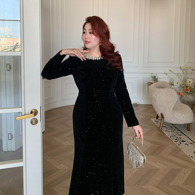 GLEC Plus Size Women's 2025 Autumn and Winter New Retro Hepburn Style Heavy Industry Rhinestone Fashion Sequined Fishtail Dress