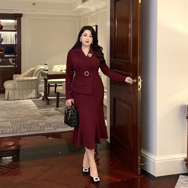 GLEC high-end fat mm large size women's clothing autumn temperament ruffled fishtail skirt professional women's suit collar dress