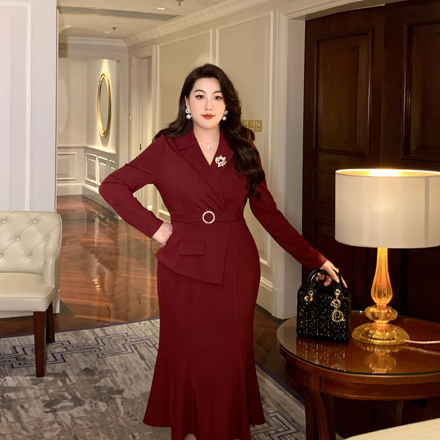 GLEC high-end fat mm large size women's clothing autumn temperament ruffled fishtail skirt professional women's suit collar dress