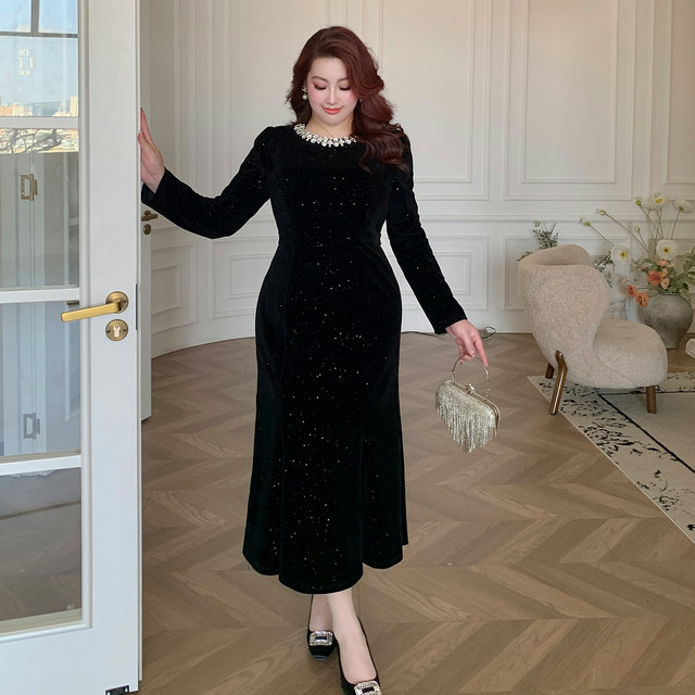 GLEC Plus Size Women's 2025 Autumn and Winter New Retro Hepburn Style Heavy Industry Rhinestone Fashion Sequined Fishtail Dress