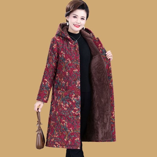 Women's mid-length cotton coat, thickened velvet, warm hooded jacket, new floral cotton jacket, middle-aged and elderly mother's cotton coat for women