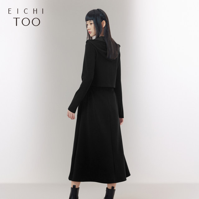 Aiju Rabbit suit skirt for women spring and autumn new hooded jacket vest skirt black two-piece dress
