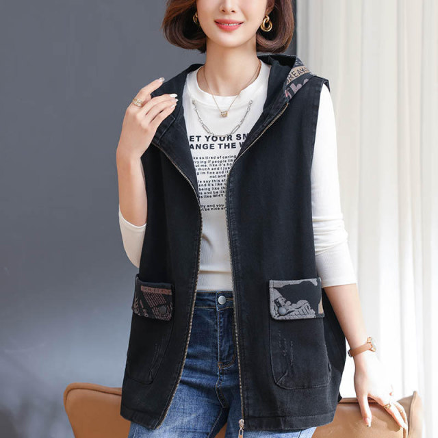 Cowboy vest female spring and autumn, foreign qi middle -aged mother casual hooded loose, large size, thinner horses clip jacket
