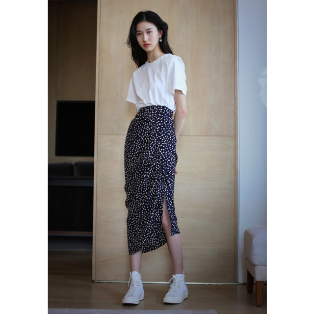 Cool Acetic Acid Polka Dot Print Medium-length Slit High-waisted Slim Hip Skirt Half Body 23246