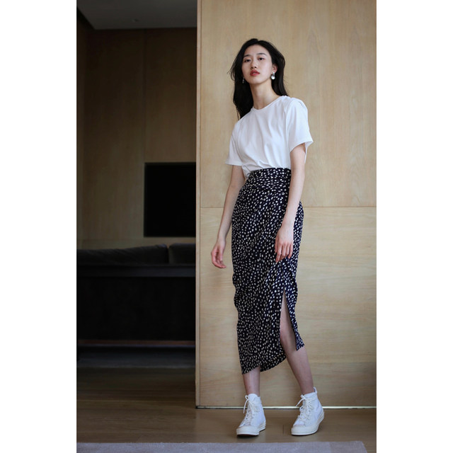 Cool Acetic Acid Polka Dot Print Medium-length Slit High-waisted Slim Hip Skirt Half Body 23246