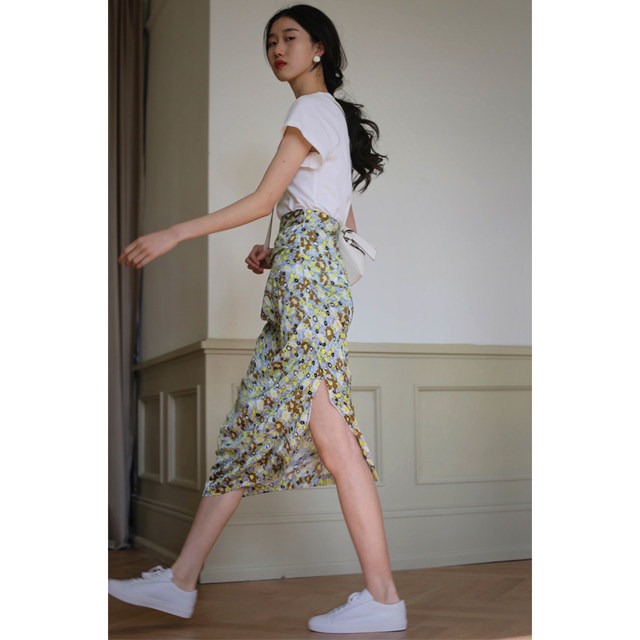No print romantic digital print mid-length fashionable slit irregular skirt skirt 23259