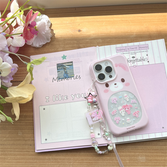 
Korean ins style cute girl heart cartoon hollow big belly rabbit ball bobo rabbit bracelet pendant 16promax suitable for iphone15pro double layer 14 mobile phone case apple 13 anti-fall hard shell