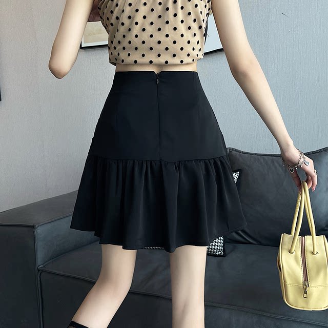 2024 summer large-size skirt pleated fishtail skirt sweet fat mm slim and anti-exposure short skirt black pleated skirt
