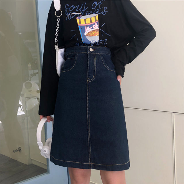 Large -size denim skirt Female autumn new fat sister retro high waist thin waist thin A -line skirt in the skirt