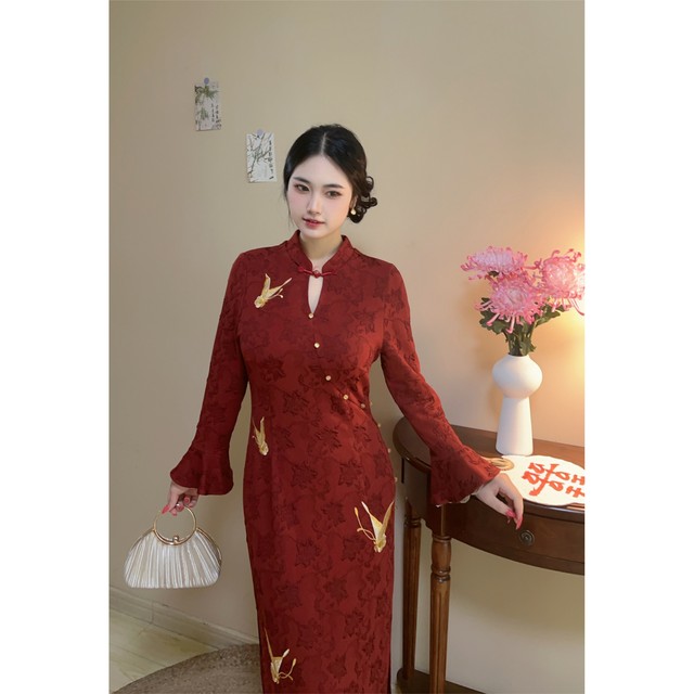 Red Butterfly New Chinese Red Embroidery Butterfly Jacquard New Chinese Cheongsam Dress Large Size Fat mm