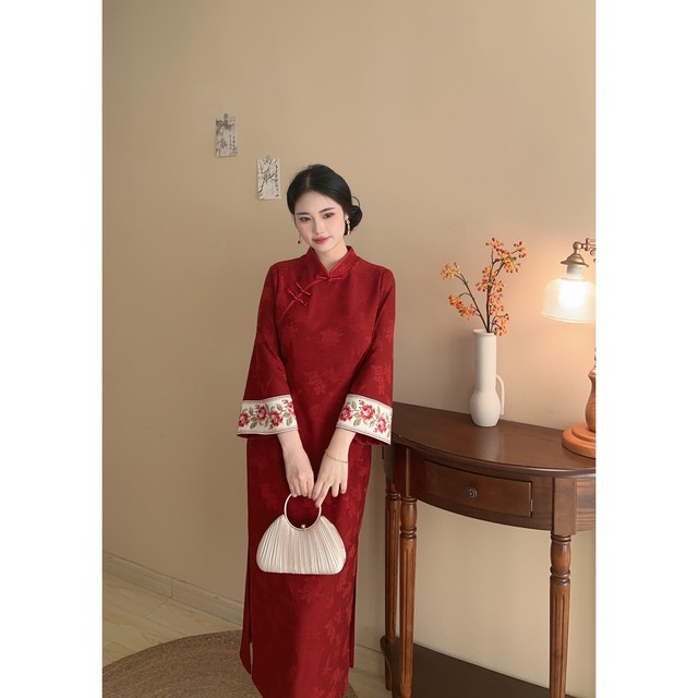 Cinnabar New Chinese Style Red Engagement Large Size Fat mm Cheongsam Embroidered Dress Toast Wear Jacquard