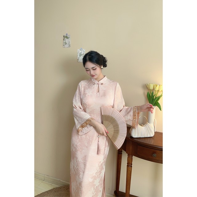 Sweet Tea New Chinese Pearl Jacquard New Chinese Improved Edition Cheongsam Large Size Fat mm Gentle Girl