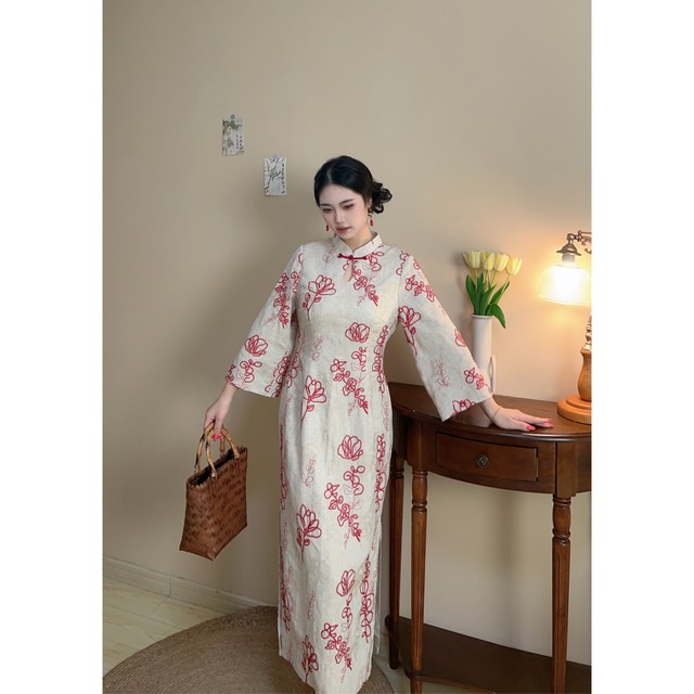 
Primrose Red New Chinese Style Natural Cotton and Line Engagement Red Embroidered Large Size Fat mm Cheongsam Dress