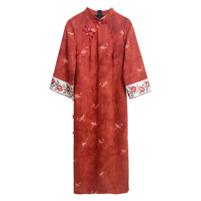 Red eyebrows new Chinese style orange national style white suede embossed large size fat mm cheongsam dress