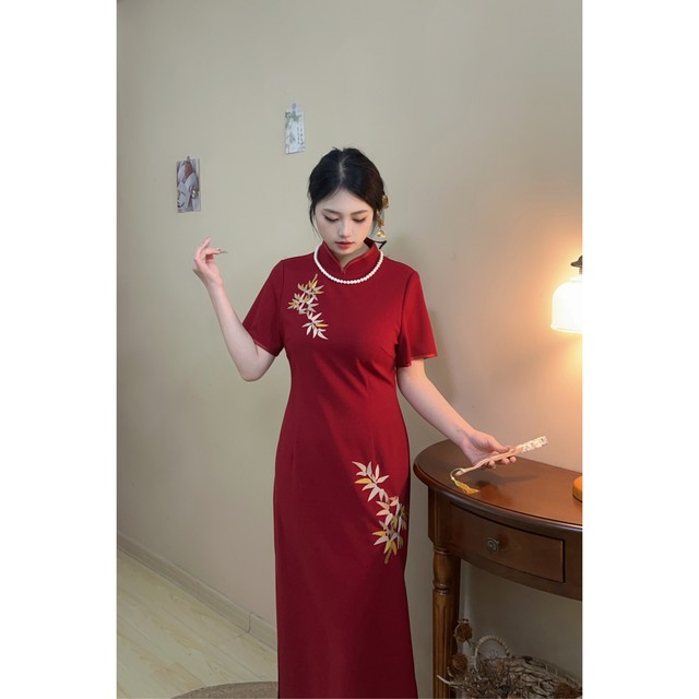 Fenghua Large Size Fat mm Exquisite Embroidery Bamboo Leaf Red Festive New Chinese Cheongsam 200Jin [Jin equals 0.5 kg] Summer