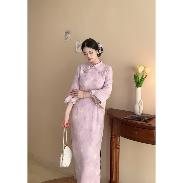 Xiaodie's new Chinese-style lilac noble and elegant large size fat mm cheongsam temperament dress is beautiful