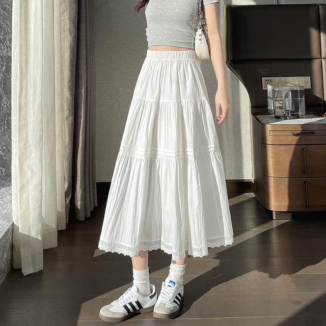 Fashionable and versatile skirt 2025 spring new style for women's high waist slimming versatile solid color lace skirt