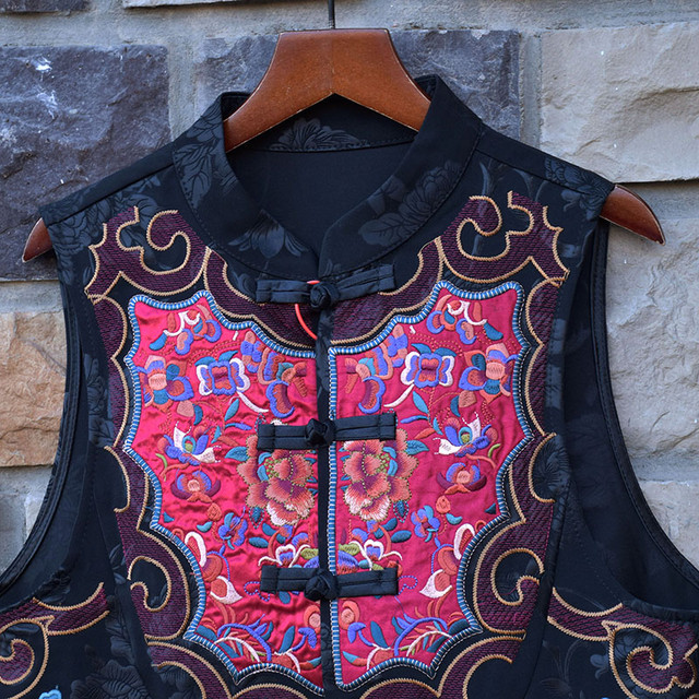 25 spring new ethnic stand collar Chinese style spliced ​​vest women's buttoned cardigan vest sleeveless jacket top