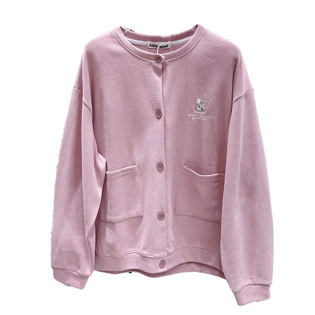 Korean style autumn thin pink jacket~ Simple and slim rabbit embroidered cardigan knitted cotton sweatshirt large size