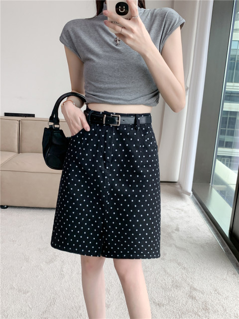 Black polka dot slit denim skirt for women in spring and summer large size American retro niche skirt for slim hip midi skirt