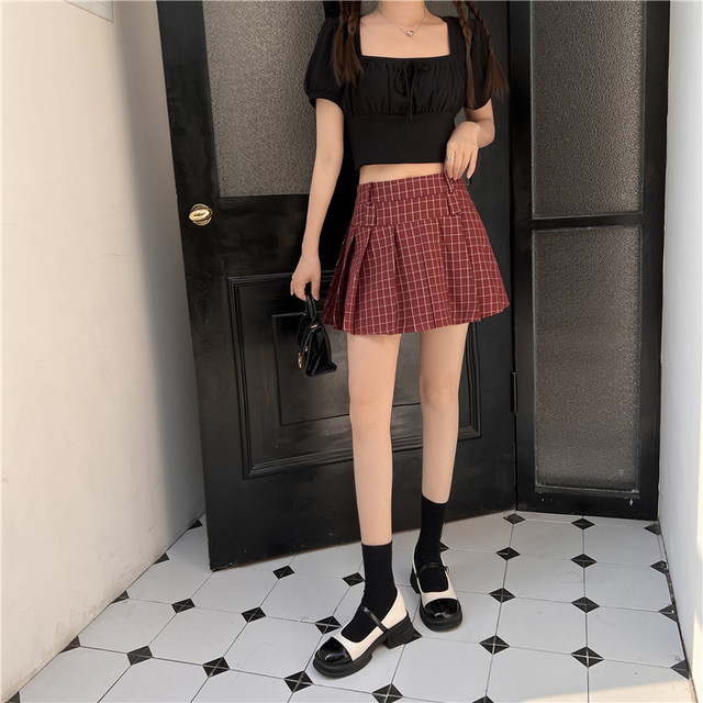 American retro plaid short skirt skirt for women spring and autumn large size high waist A-line slim and fat mm plaid pleated skirt