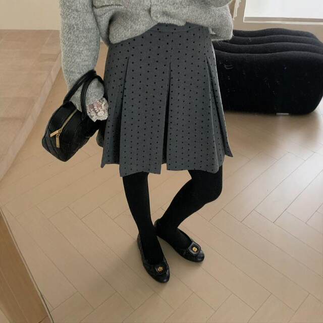 Korean polka dot wool pleated skirt mid-skirt autumn and winter large size small high-waisted versatile slim A-line skirt