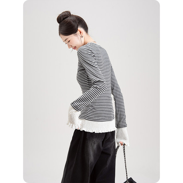 Nizvi grey striped embroidered long-sleeved T-shirt spring new women's spliced ​​slim fit fake two-piece base top