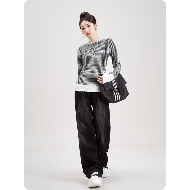 Nizvi grey striped embroidered long-sleeved T-shirt spring new women's spliced ​​slim fit fake two-piece base top