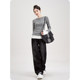 Nizvi grey striped embroidered long-sleeved T-shirt spring new women's spliced ​​slim fit fake two-piece base top