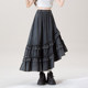 Black elastic waist ruffled spliced ​​denim skirt for women in summer new small irregular A-line long skirt