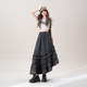 Black elastic waist ruffled spliced ​​denim skirt for women in summer new small irregular A-line long skirt