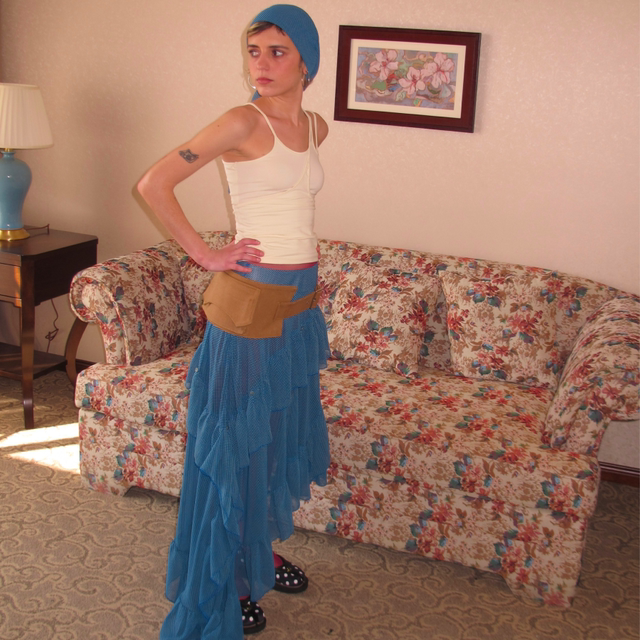 AXIS OF Flamingo retro blue irregular long skirt piled with pleated slightly transparent a-line mesh skirt