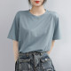 Blue loose Korean style front shoulder round neck pure cotton short-sleeved T-shirt for women in summer 2025 new small half-sleeved top