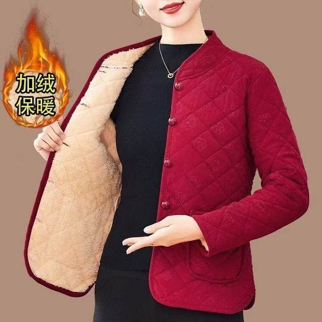 New mother's cotton-padded jacket with velvet in winter, thickened in autumn and winter for middle-aged and elderly small mothers, cotton-padded jackets, warm cotton-padded jackets