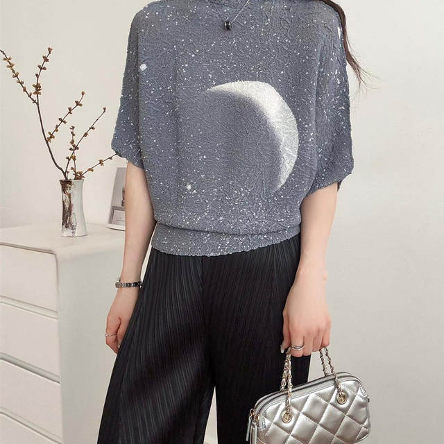 Fashionable Moon Print Contrast Color Half-Sleeve T-Shirt Women's Spring and Summer New Loose Comfortable Stand Collar Pullover Top Thin