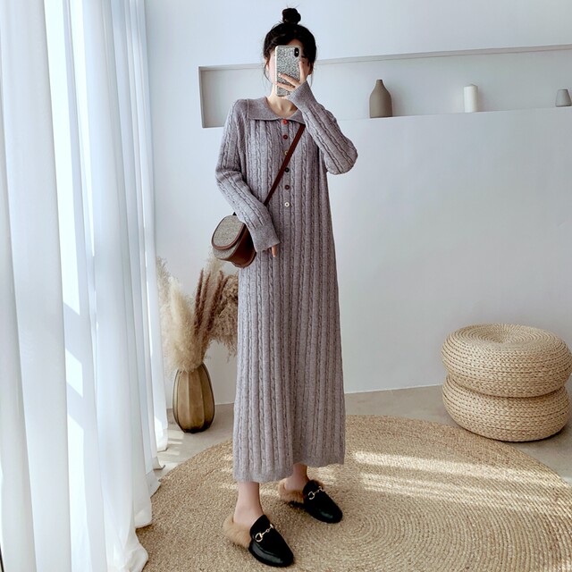 New autumn and winter doll collar large size over-knee thermal inner paired with knitted long skirt thickened long loose sweater dress