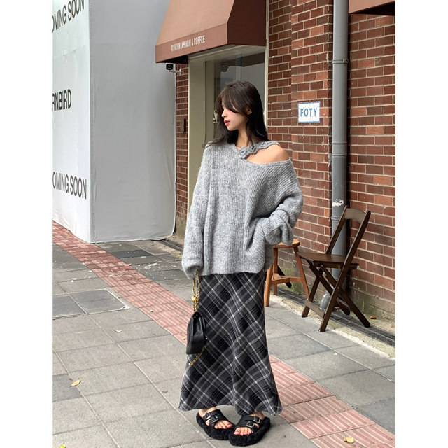Adan gray plaid skirt autumn and winter Korean style high waist slim and versatile temperament commuting A-line fishtail skirt for women
