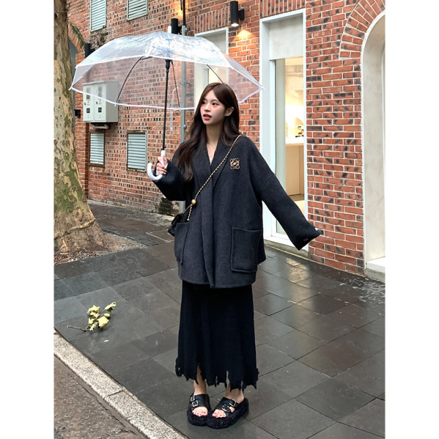 Adan Green Fruit Collar Double-Side Woolen Coat 2024 Winter Loose Temperament Versatile Short Woolen Woolen Coat Women
